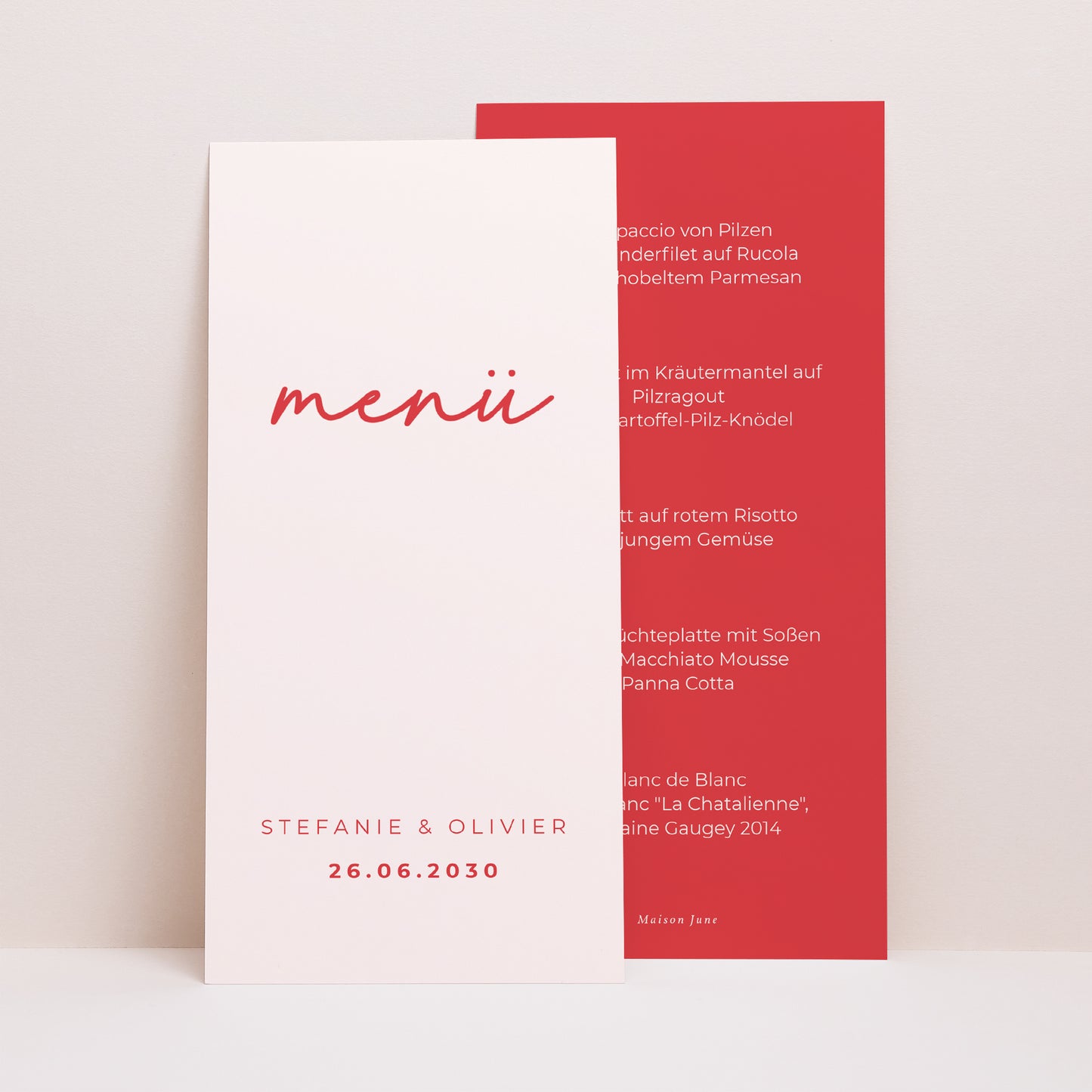 Menükarte Hochzeit Panoramatisches Porträt Rot & Creme II foto N° 1