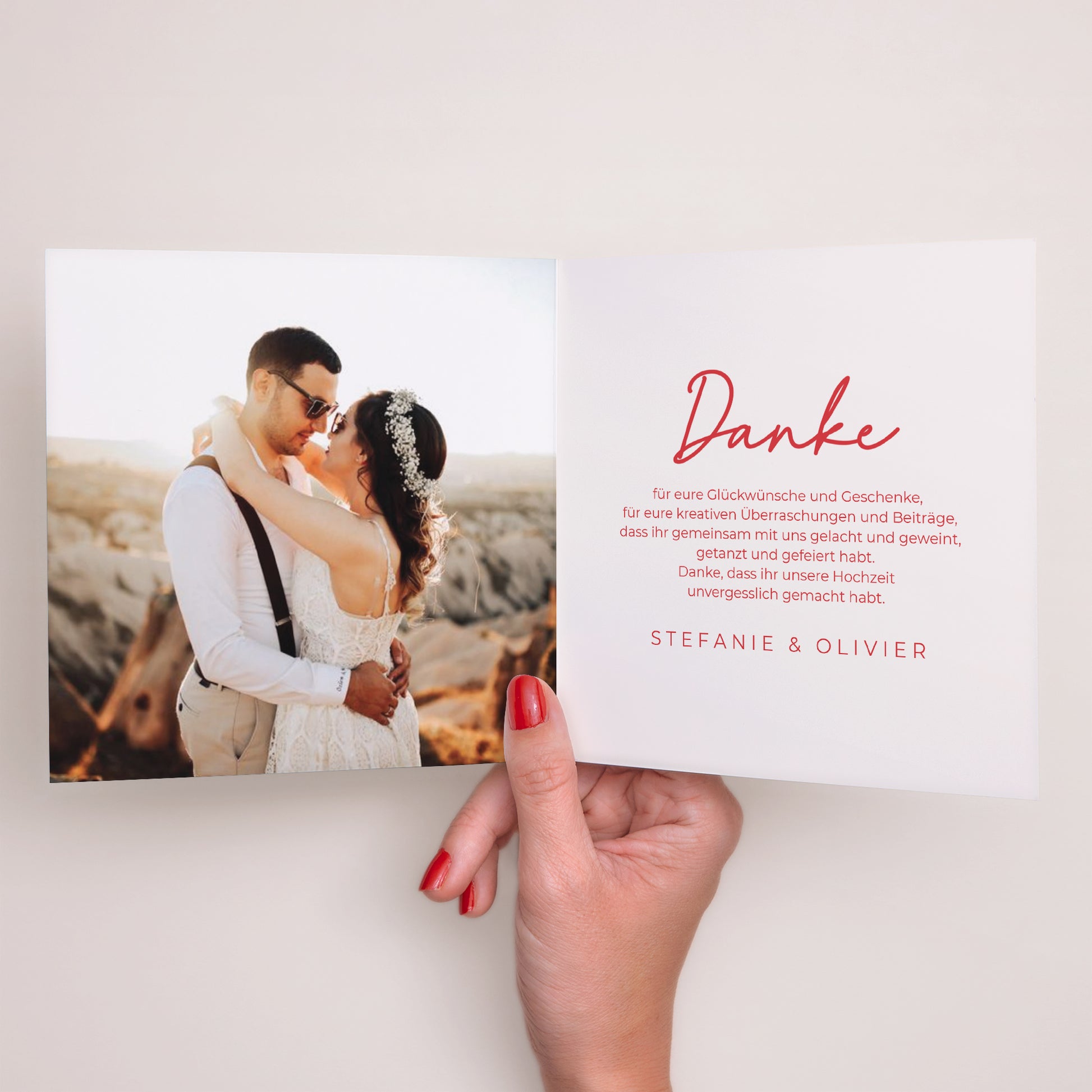 Dankeskarte Hochzeit Doppelflügelfenster Rot & Creme II foto N° 2