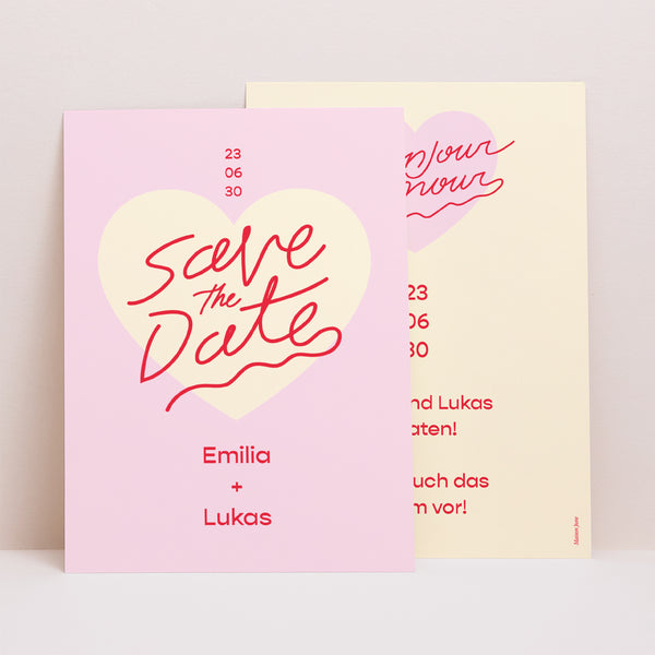 Save the date Karte Hochzeit Porträt Hallo Liebesrosa. foto