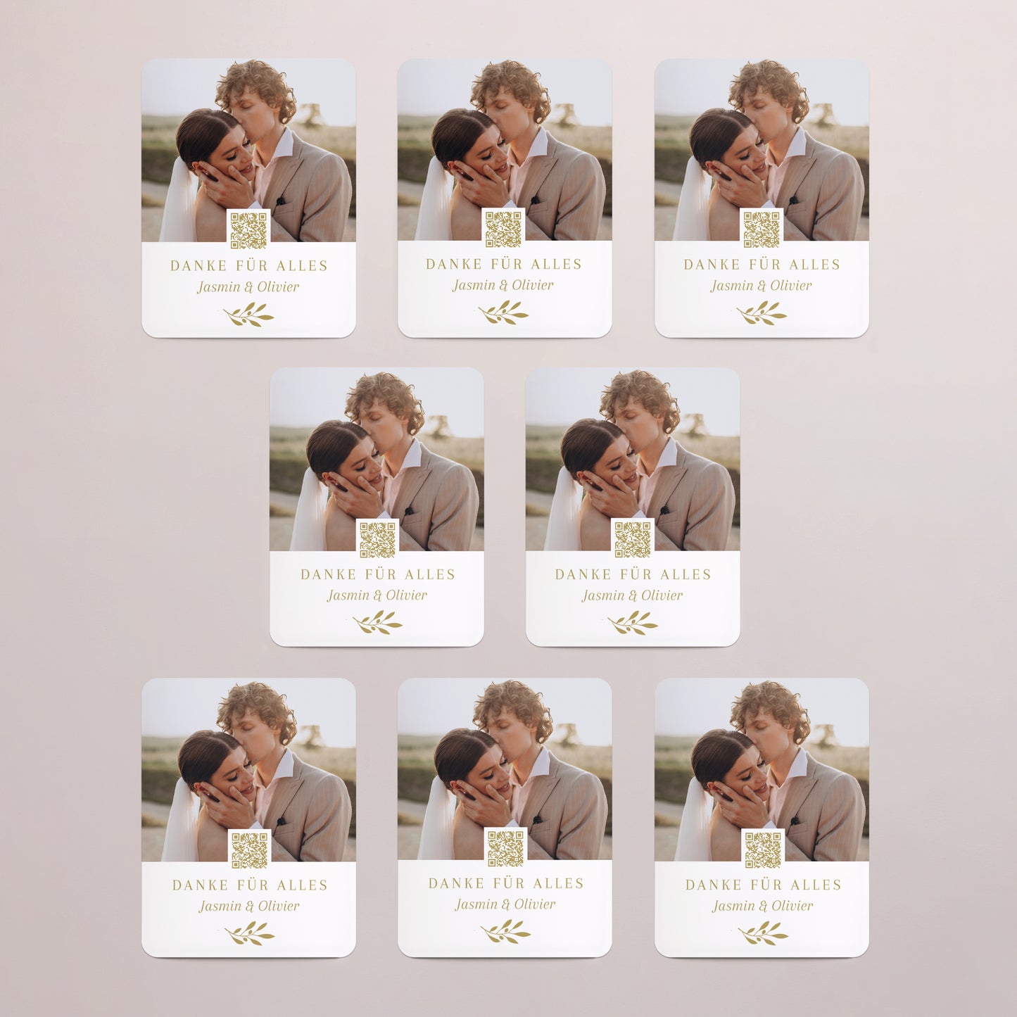 Dankeskarte Hochzeit Set von 8, magnetisch, rechteckig mit abgerundeten Ecken Dankeschön in Gold foto N° 3