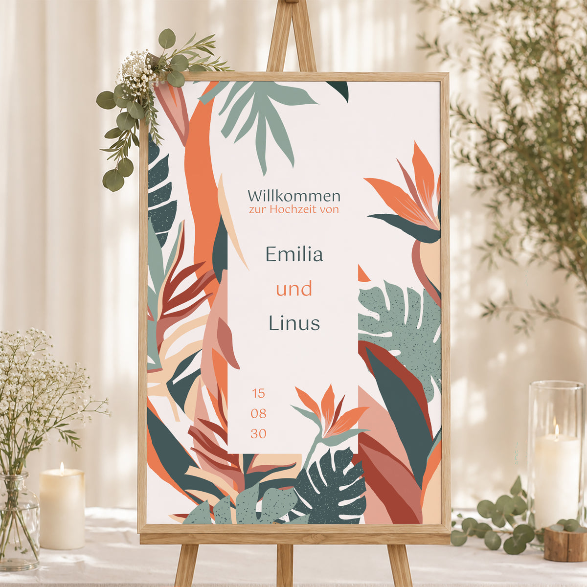 Begrüßungstafel Hochzeit Porträt 60 x 90 cm Tropische Liebe foto N° 1