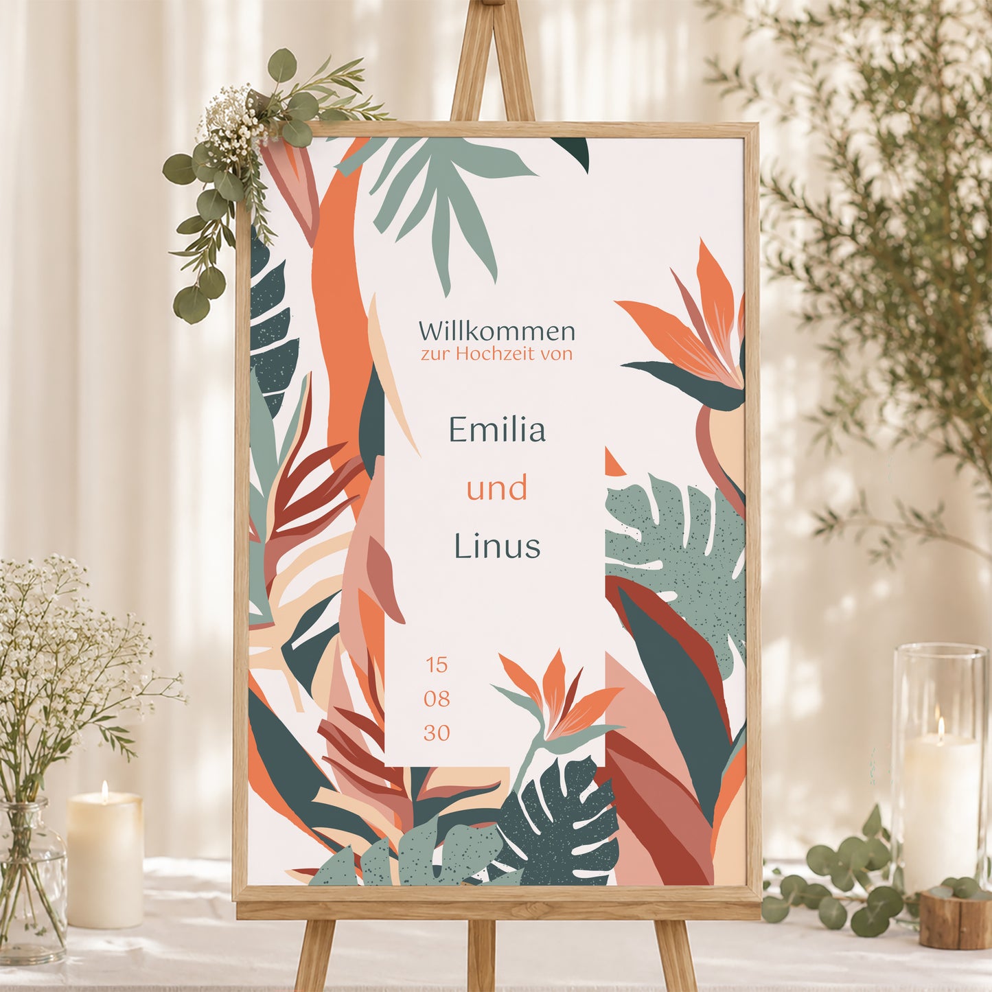 Begrüßungstafel Hochzeit Porträt 60 x 90 cm Tropische Liebe foto N° 1