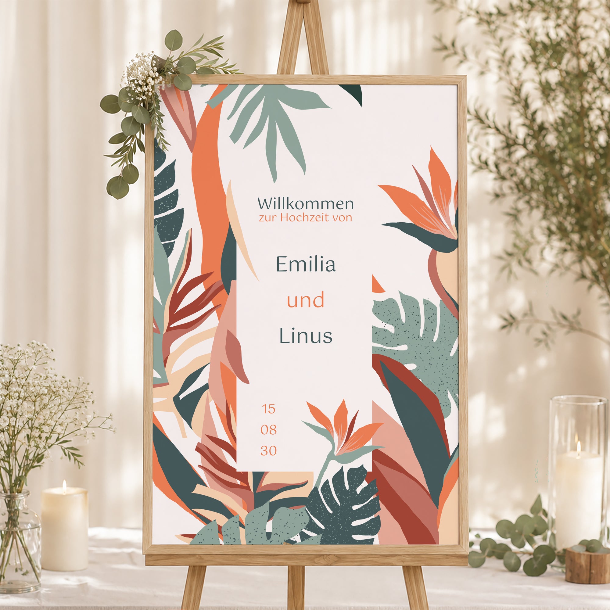 Begrüßungstafel Hochzeit Porträt 60 x 90 cm Tropische Liebe foto N° 1