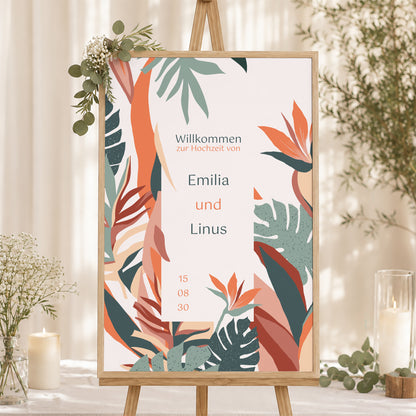 Begrüßungstafel Hochzeit Porträt 60 x 90 cm Tropische Liebe foto N° 1