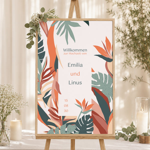 Begrüßungstafel Hochzeit Porträt 60 x 90 cm Tropische Liebe foto