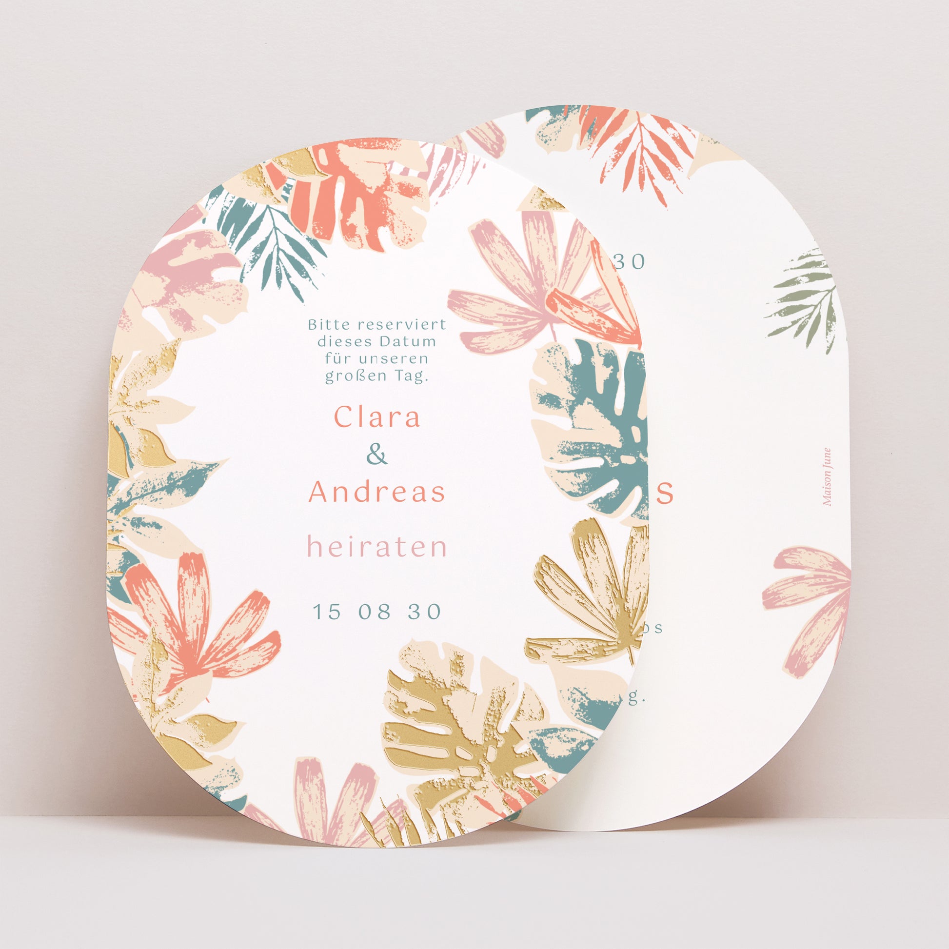 Save the date Karte Hochzeit oval Tropisches Schablone foto N° 1
