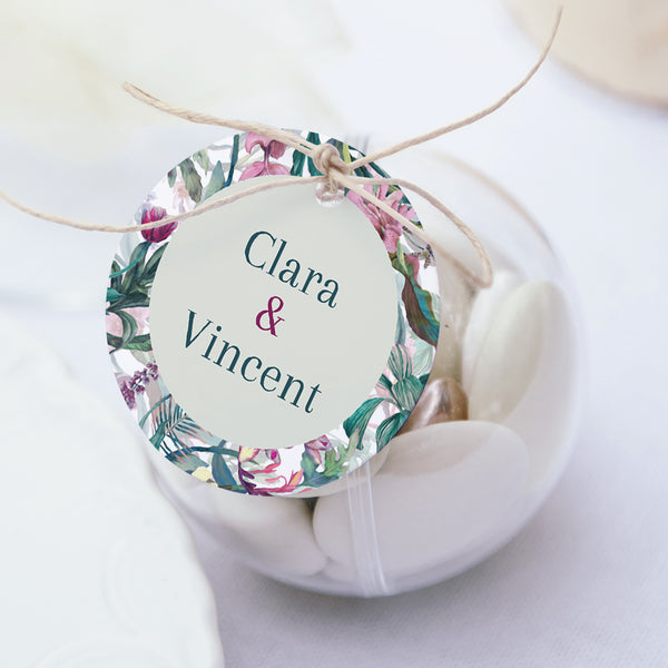 Geschenkbox Hochzeit Kugel mit runder Etikette Exotic flowers foto
