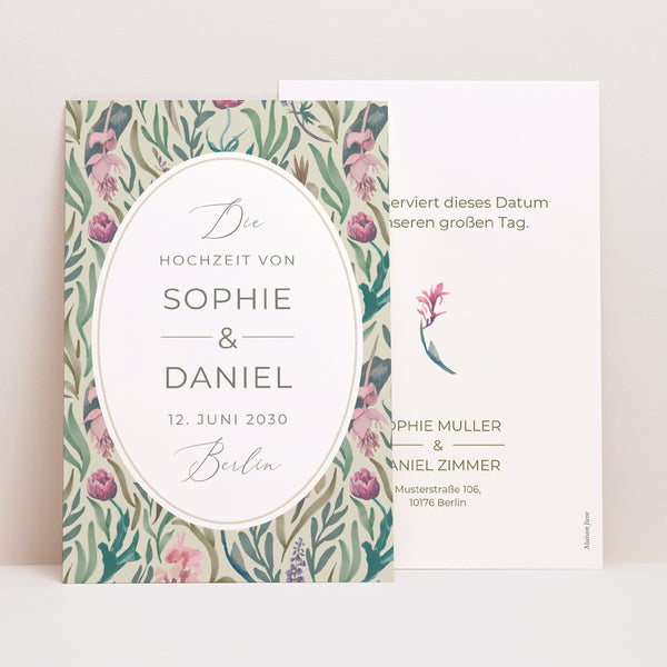 Save the date Karte Hochzeit PortraitPorträt Romantische Blumen foto
