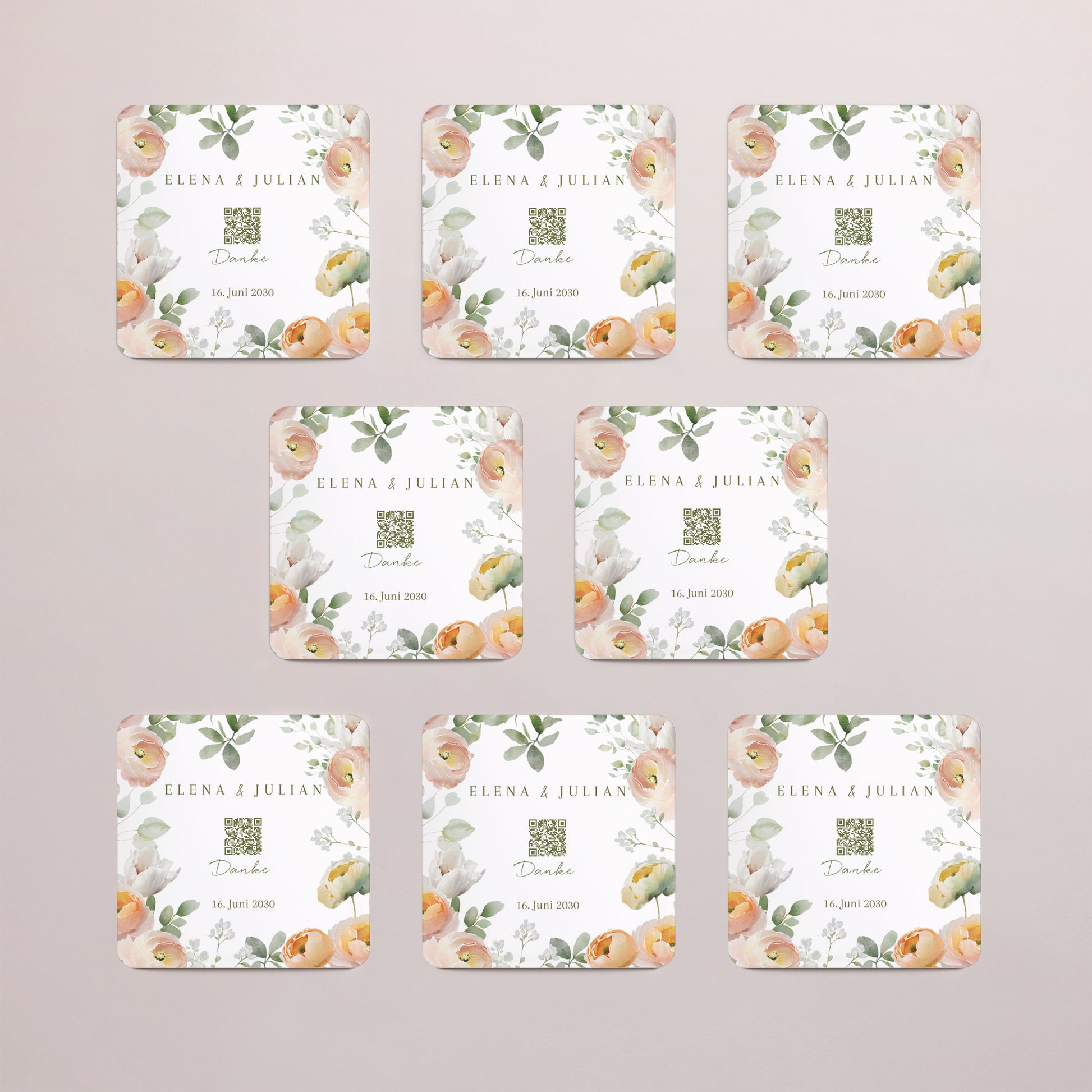 Dankeskarte Hochzeit Set von 8, magnetisch, quadratisch mit abgerundeten Ecken Romantische Blumen foto N° 3