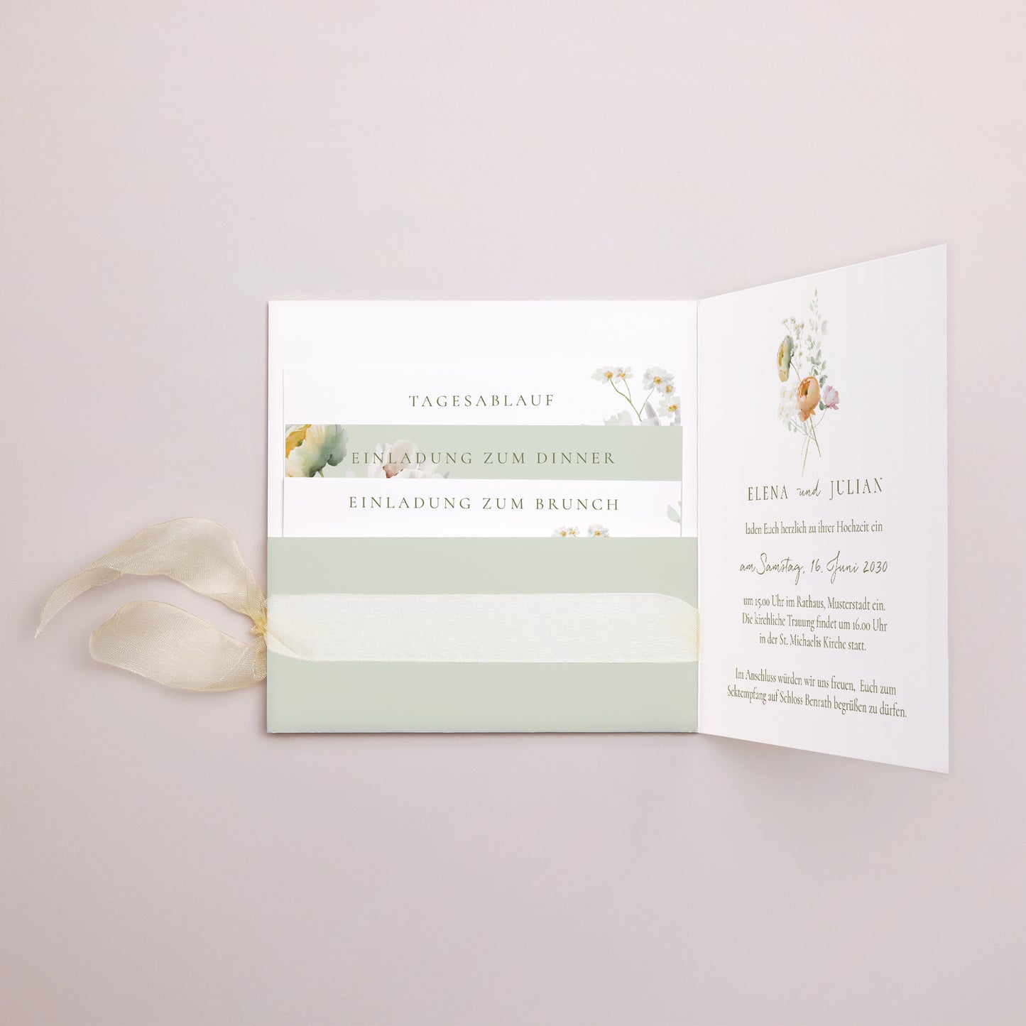 Hochzeitseinladung Quadratische Hülle, 3 Karten, Etikett Romantische Blumen foto N° 3