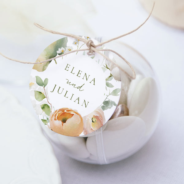 Geschenkbox Hochzeit Kugel mit runder Etikette Romantische Blumen foto