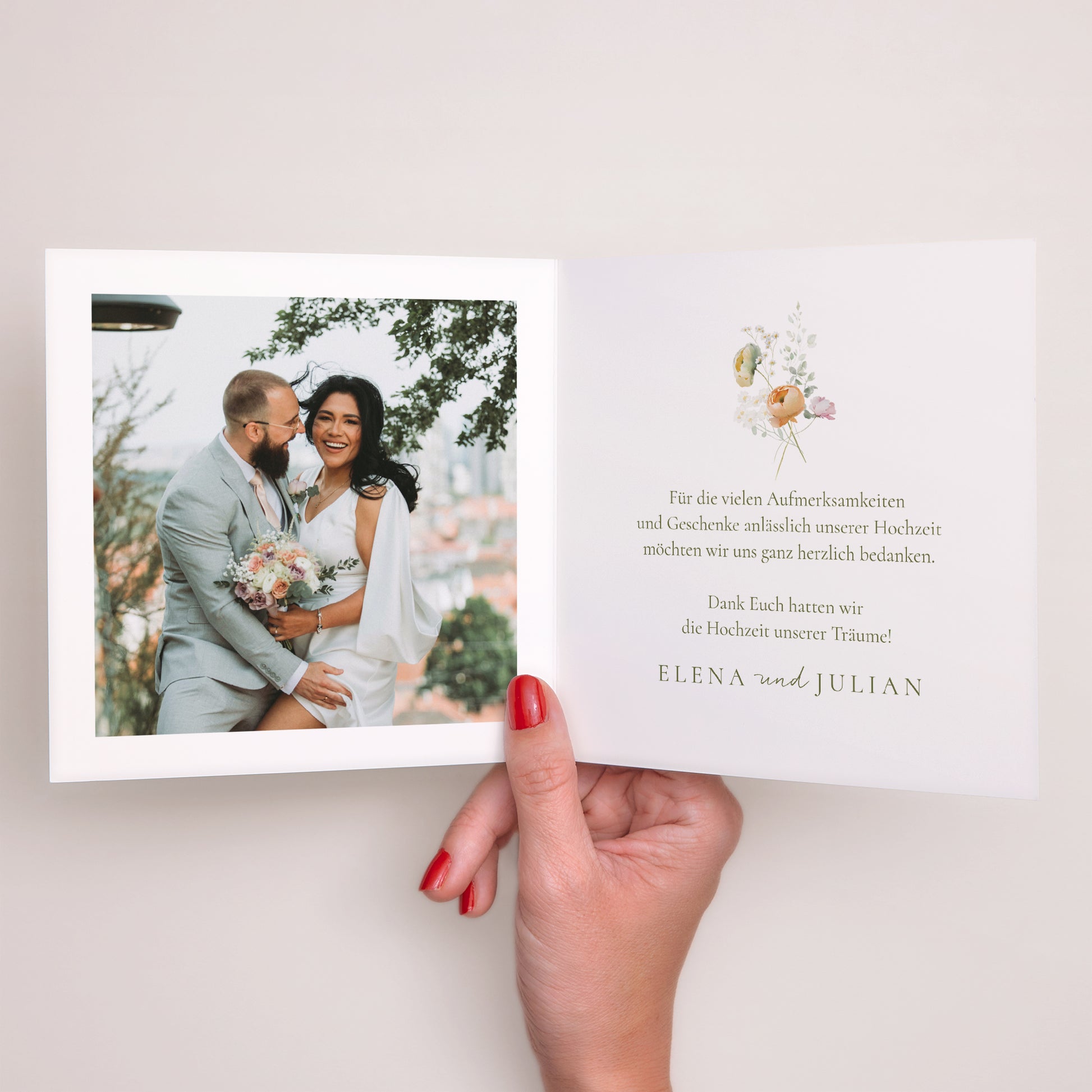 Dankeskarte Hochzeit Doppelflügelfenster Romantische Blumen foto N° 2