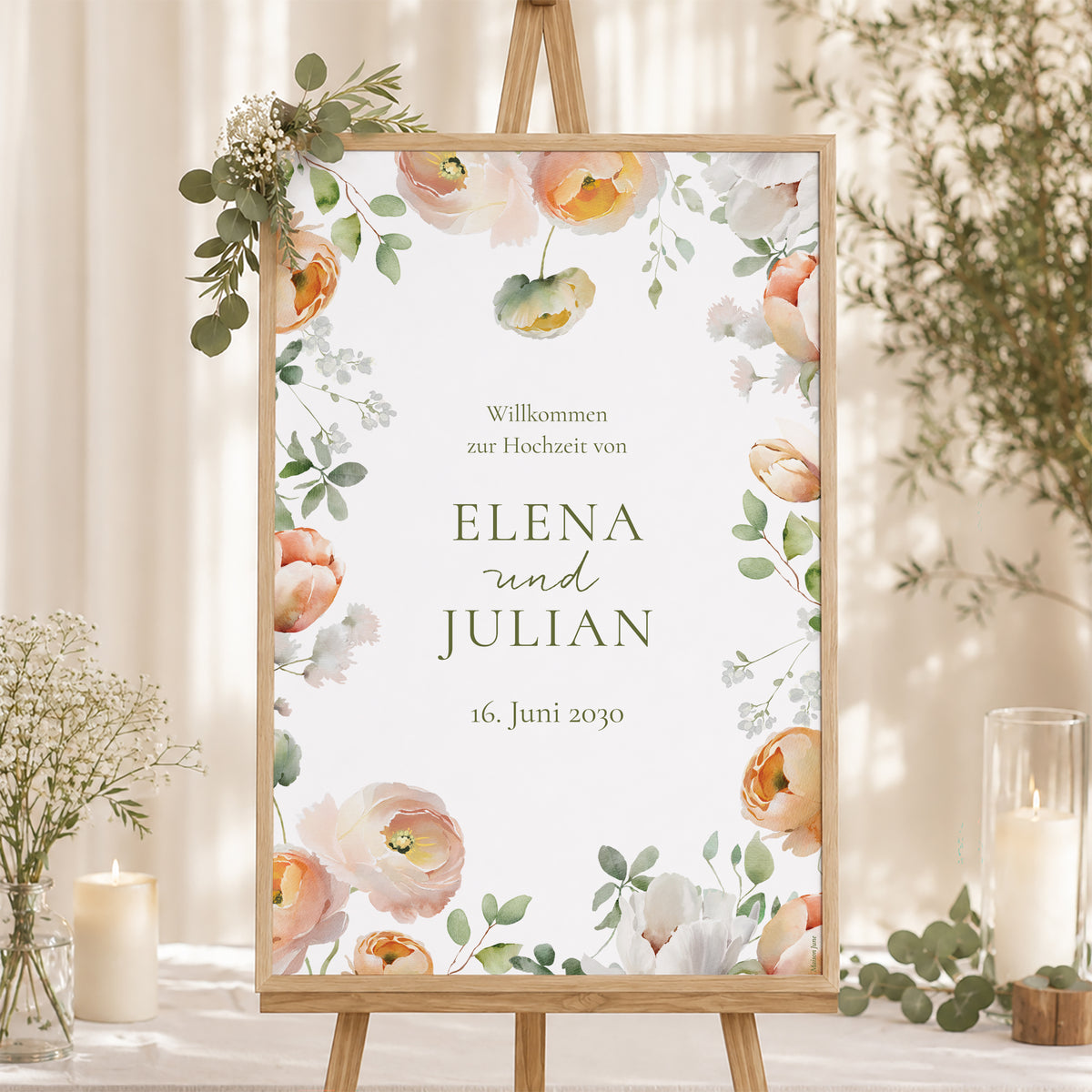 Begrüßungstafel Hochzeit Porträt 60 x 90 cm Romantische Blumen foto N° 1