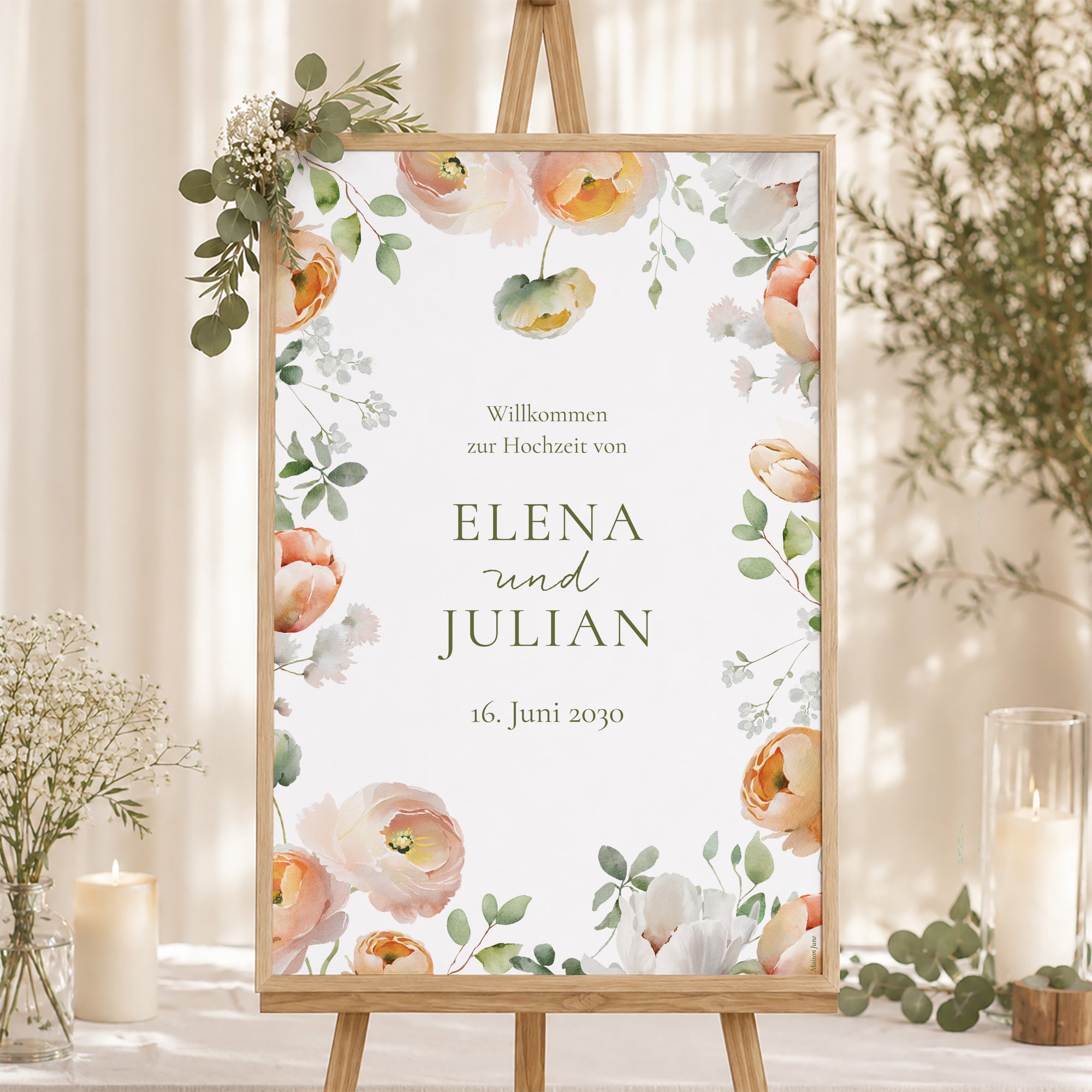 Begrüßungstafel Hochzeit Porträt 60 x 90 cm Romantische Blumen foto N° 1