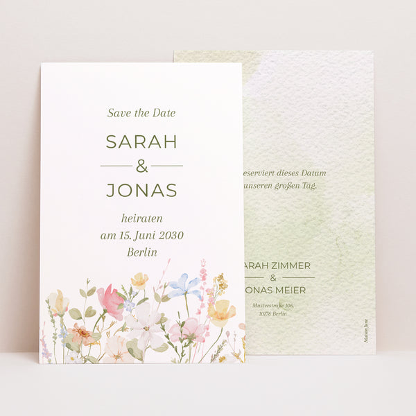 Save the date Karte Hochzeit PortraitPorträt Wildblumenkranz foto