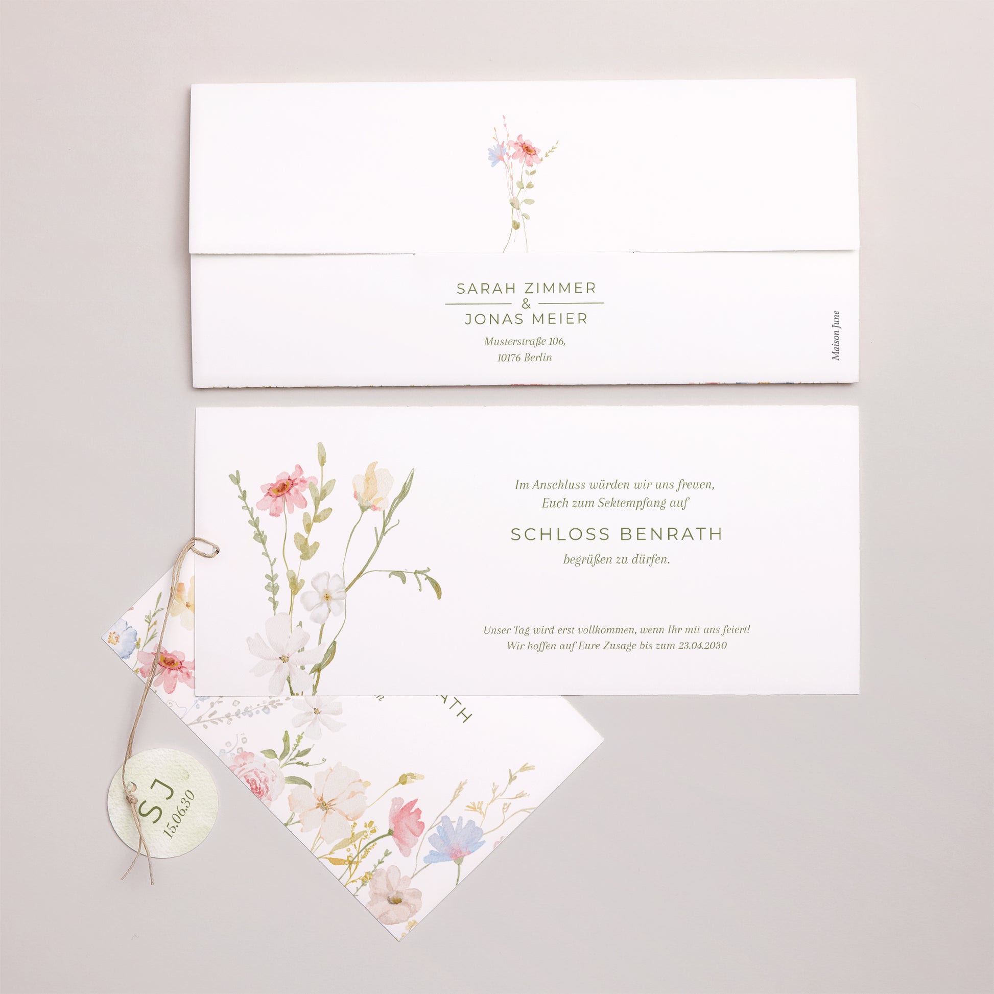 Hochzeitseinladung Mappe 2 Karten, Etikett Wildblumenkranz foto N° 4