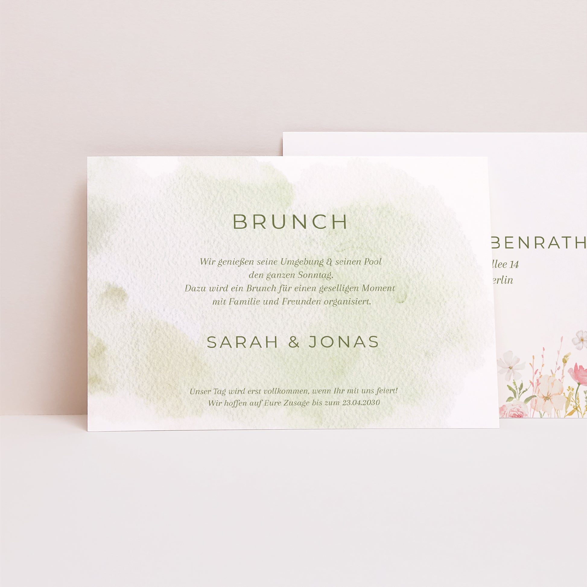Einladungskarte Hochzeit Landschaft Wildblumenkranz foto N° 1