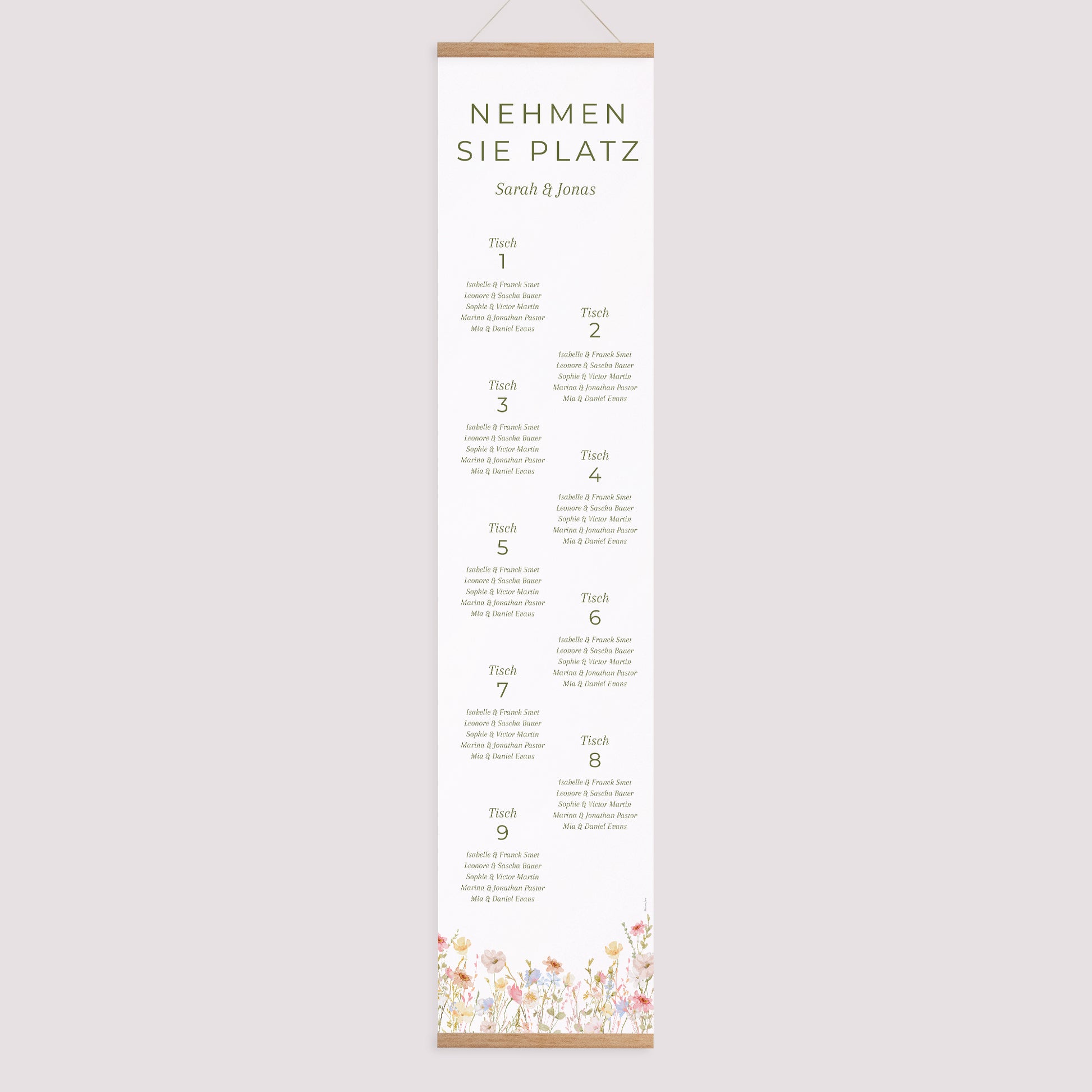 Sitzplan Hochzeit Holzstütze Wildblumenkranz foto N° 1