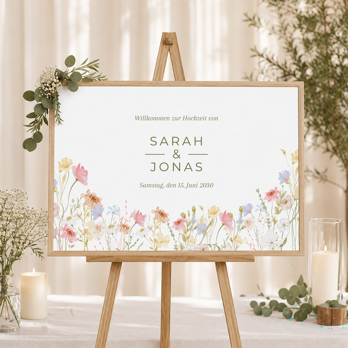 Begrüßungstafel Hochzeit Landschaft 90 x 60 cm Wildblumenkranz foto N° 1