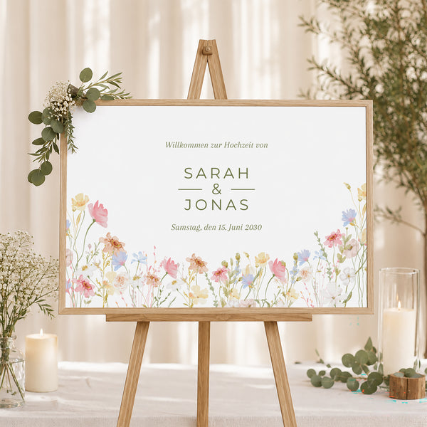 Begrüßungstafel Hochzeit Landschaft 90 x 60 cm Wildblumenkranz foto