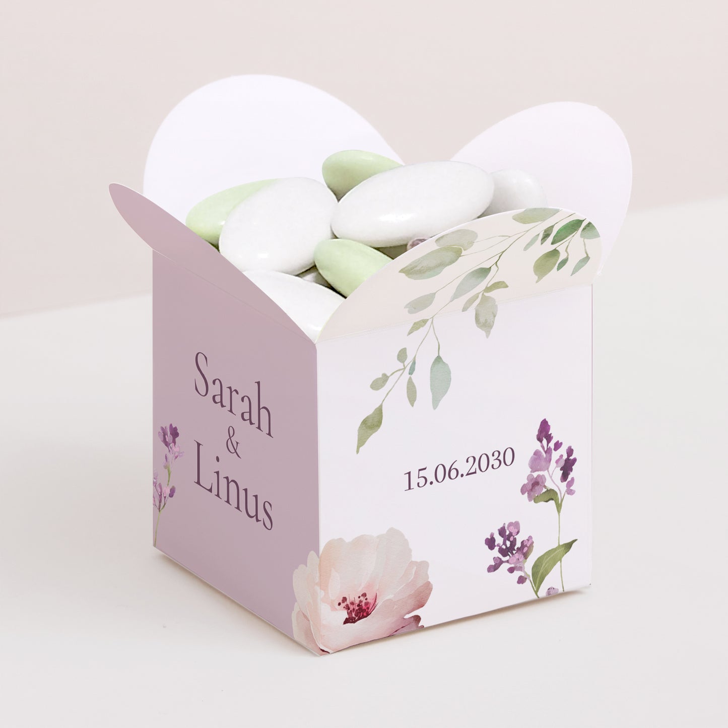 Geschenkbox Hochzeit Schmetterlingsöffnung Romantic purple flowers foto N° 1