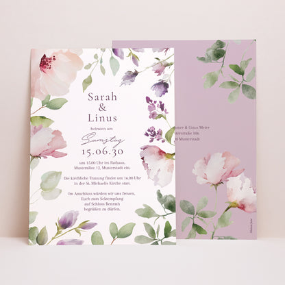 Hochzeitseinladung Porträt Romantic purple flowers foto N° 1