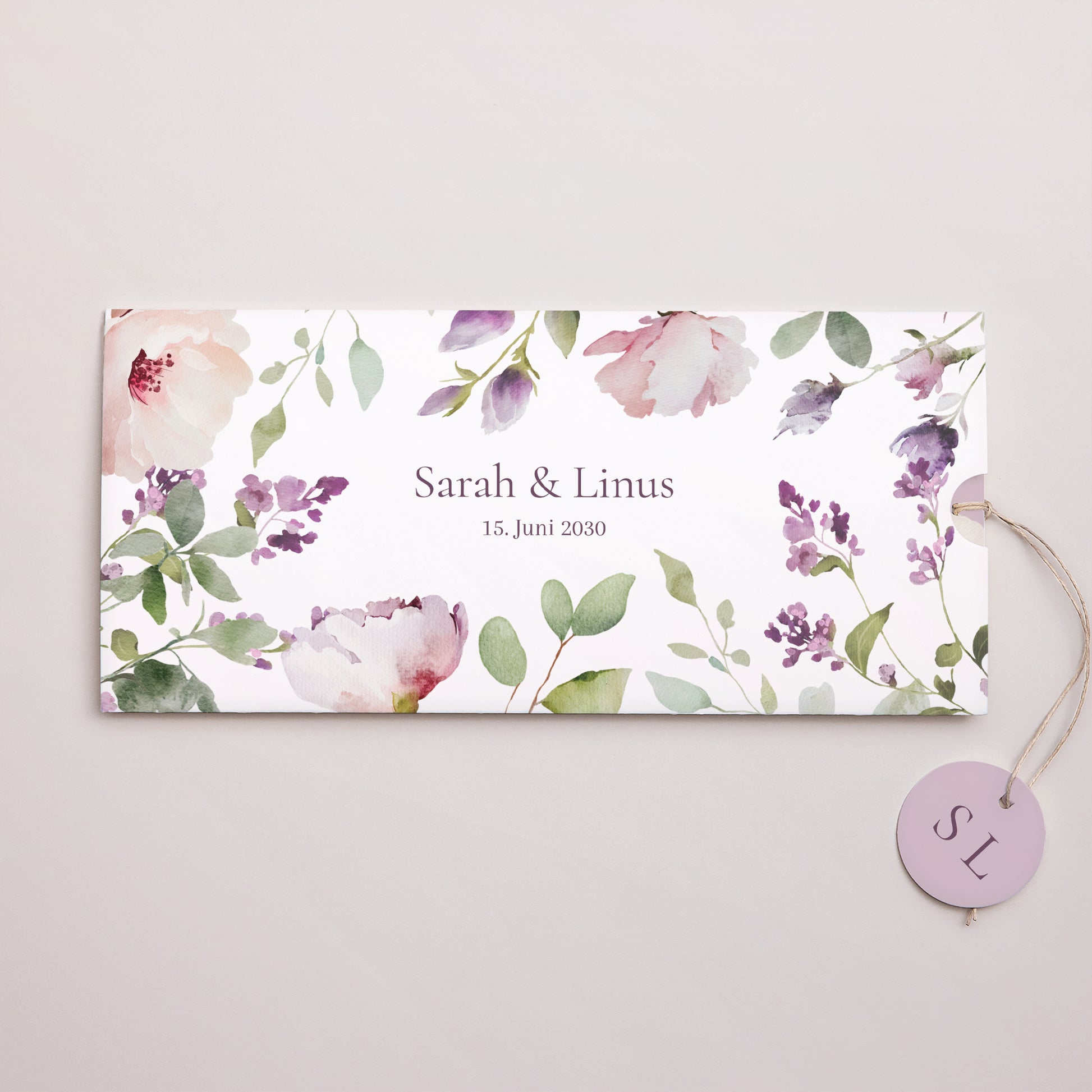 Hochzeitseinladung Mappe 2 Karten, Etikett Romantic purple flowers foto N° 1