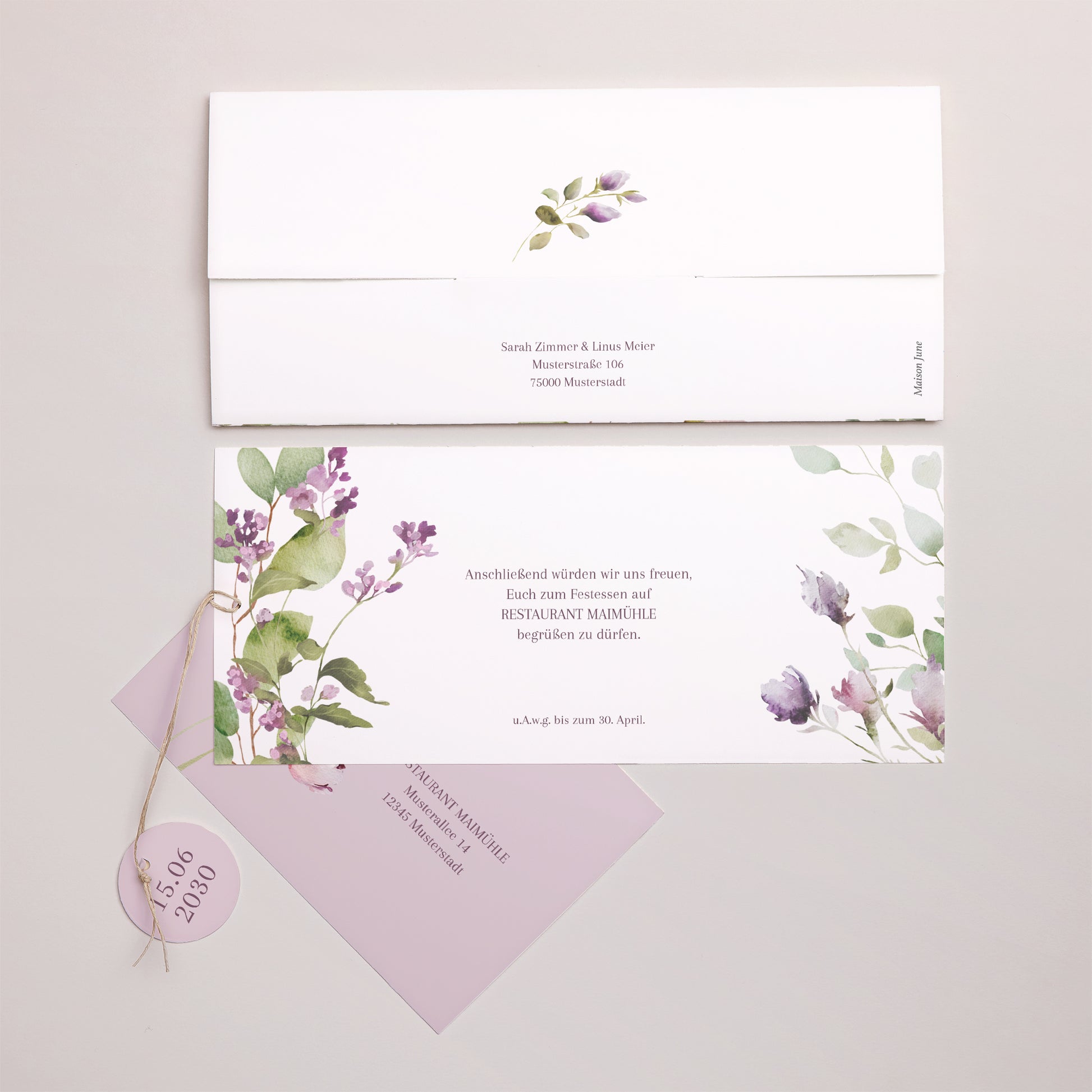 Hochzeitseinladung Mappe 2 Karten, Etikett Romantic purple flowers foto N° 4