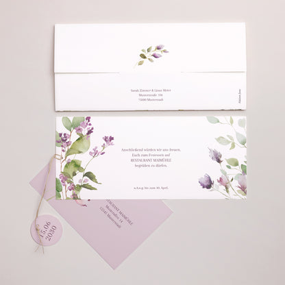 Hochzeitseinladung Mappe 2 Karten, Etikett Romantic purple flowers foto N° 4