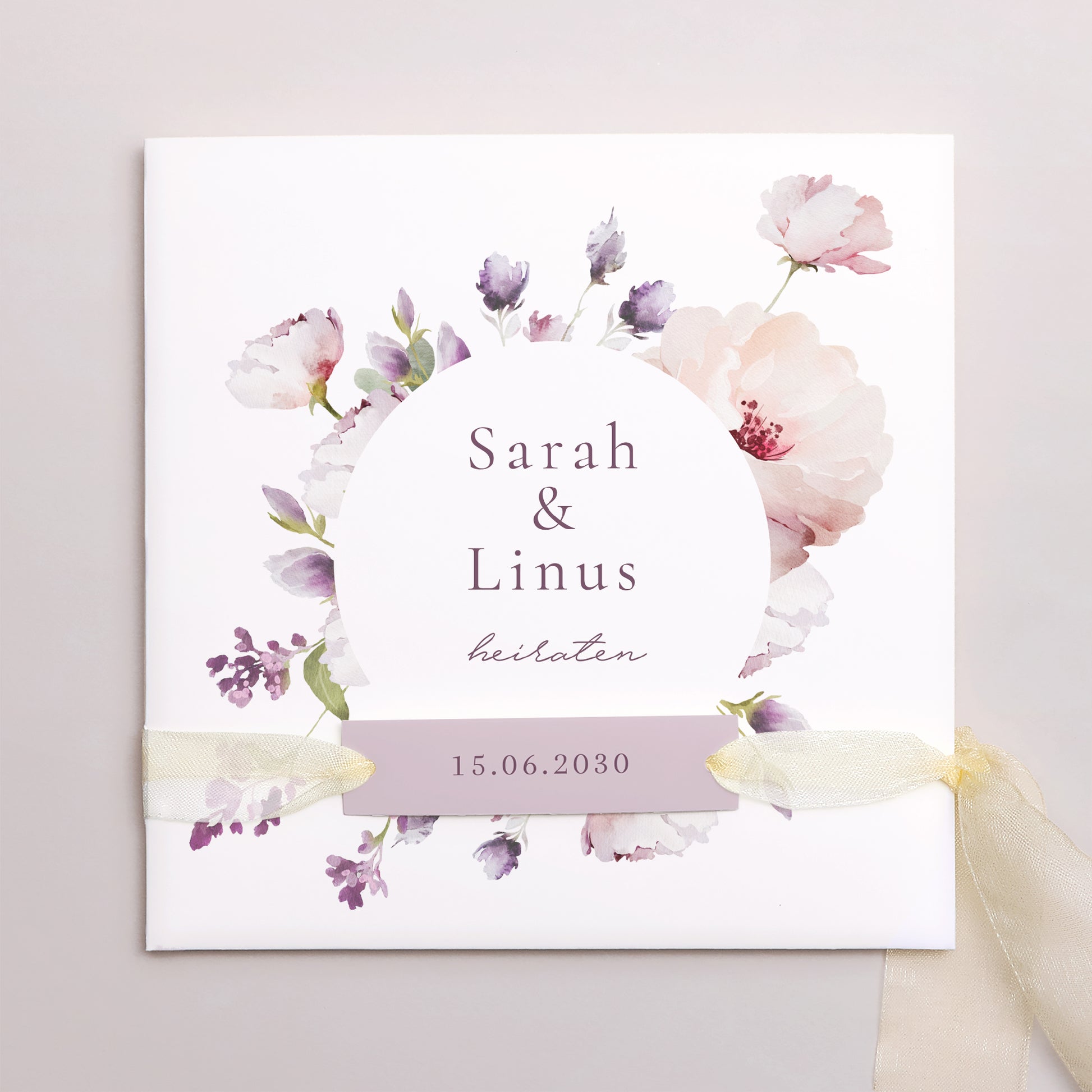 Hochzeitseinladung Quadratische Hülle, 3 Karten, Etikett Romantic purple flowers foto N° 1