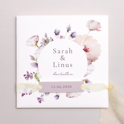 Hochzeitseinladung Quadratische Hülle, 3 Karten, Etikett Romantic purple flowers foto N° 1