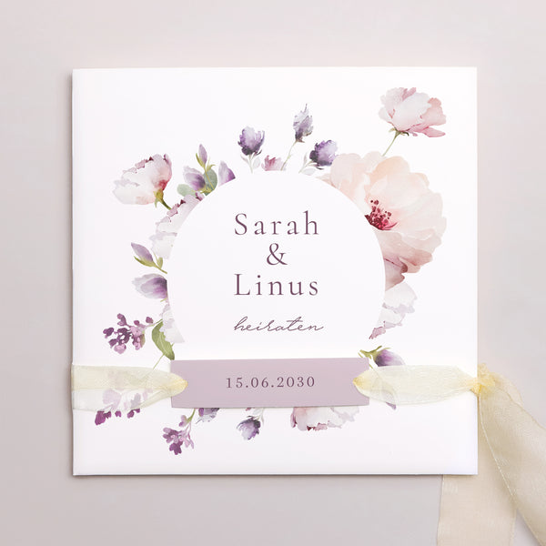 Hochzeitseinladung Quadratische Hülle, 3 Karten, Etikett Romantic purple flowers foto