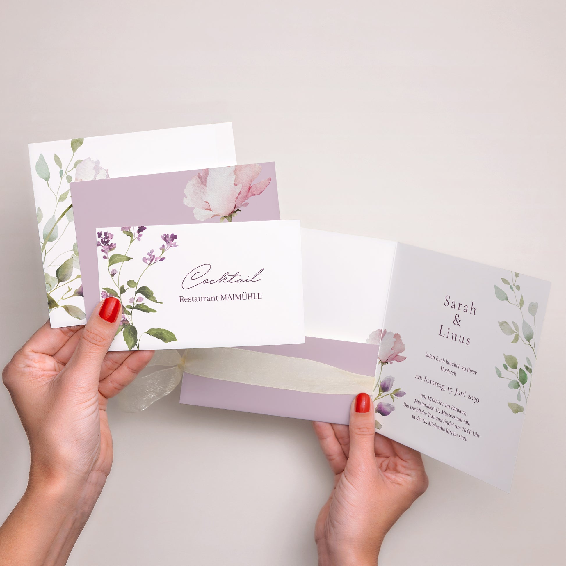Hochzeitseinladung Quadratische Hülle, 3 Karten, Etikett Romantic purple flowers foto N° 2