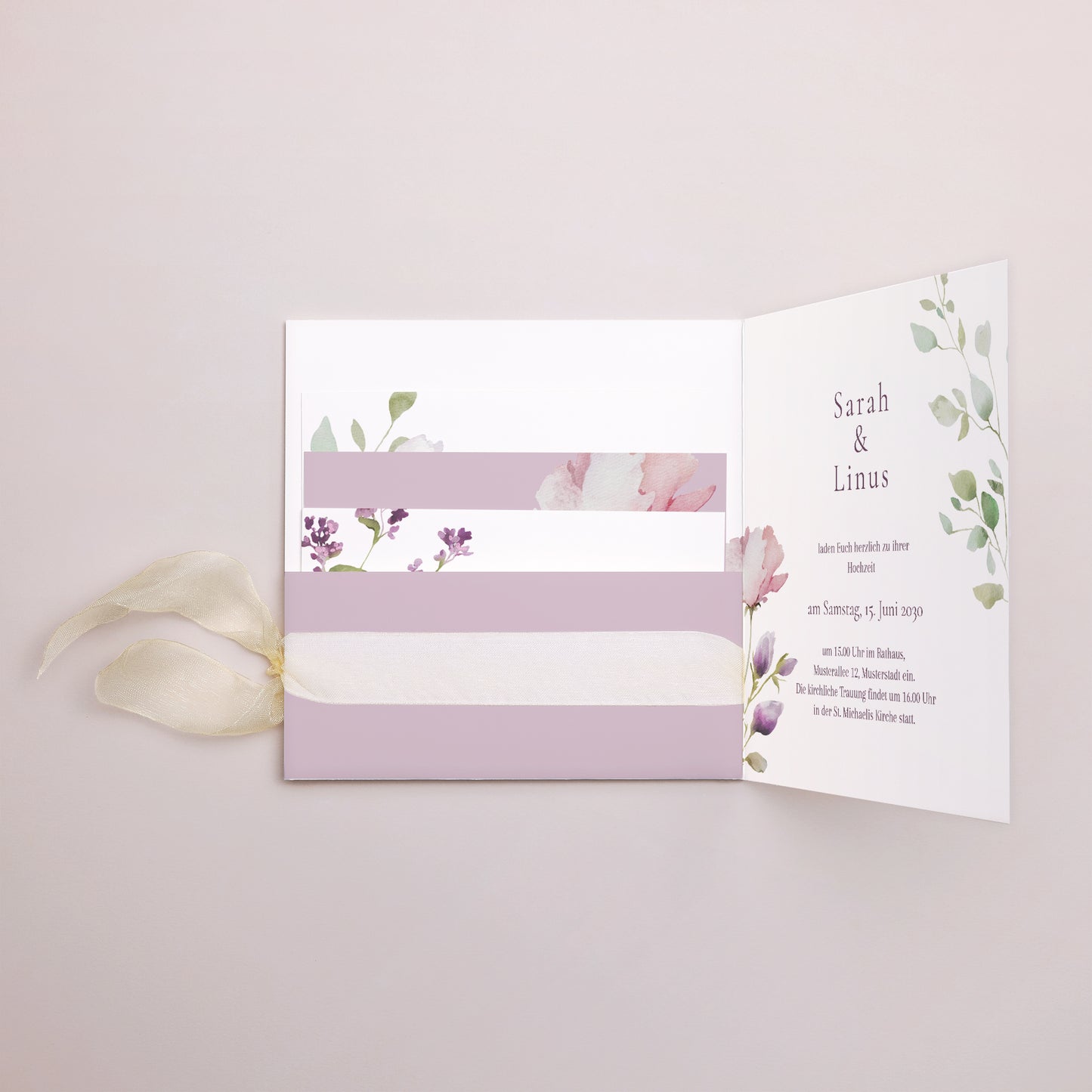 Hochzeitseinladung Quadratische Hülle, 3 Karten, Etikett Romantic purple flowers foto N° 3