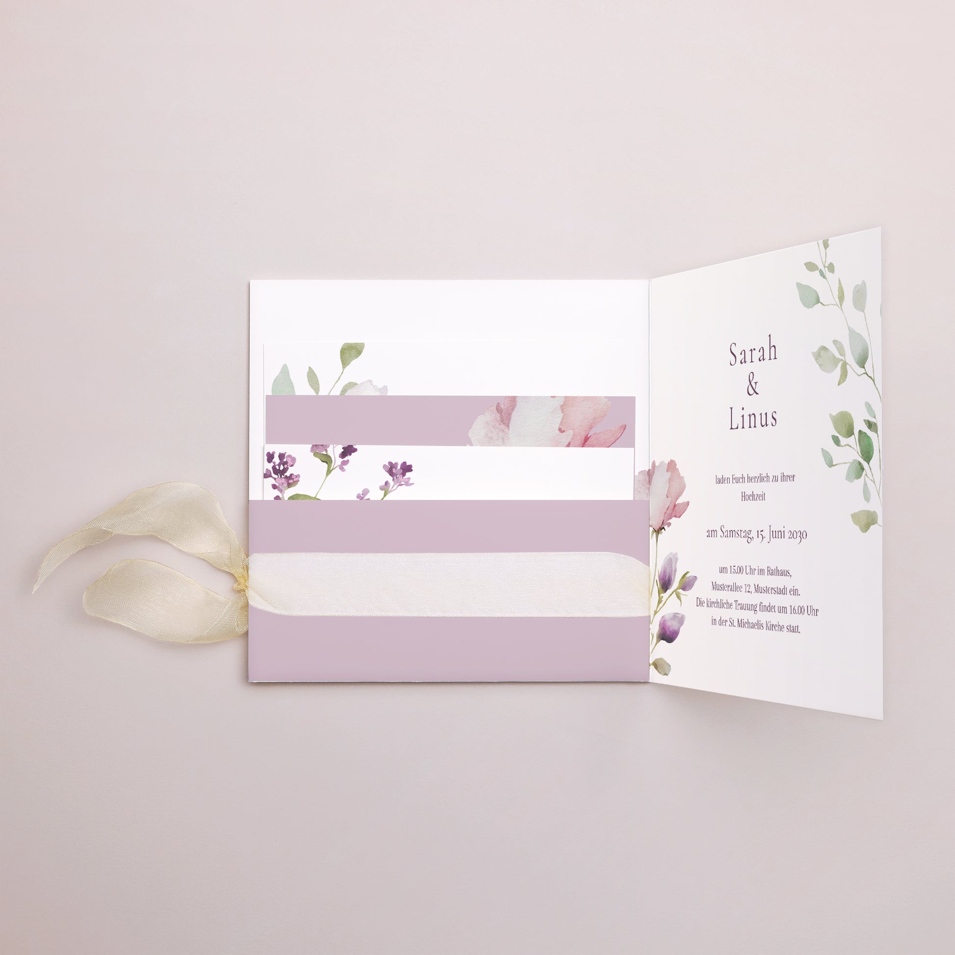 Hochzeitseinladung Quadratische Hülle, 3 Karten, Etikett Romantic purple flowers foto N° 3