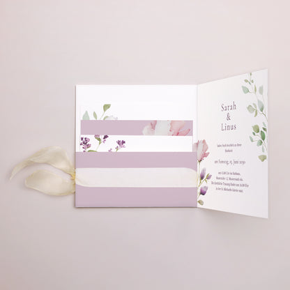 Hochzeitseinladung Quadratische Hülle, 3 Karten, Etikett Romantic purple flowers foto N° 3