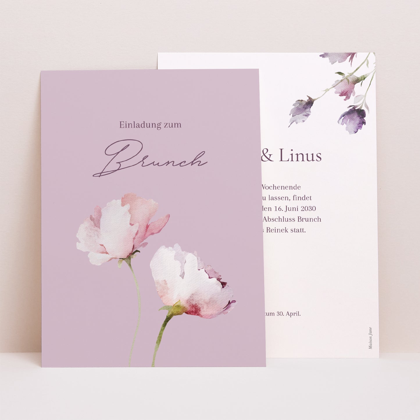 Einladungskarte Hochzeit Porträt Romantic purple flowers foto N° 1