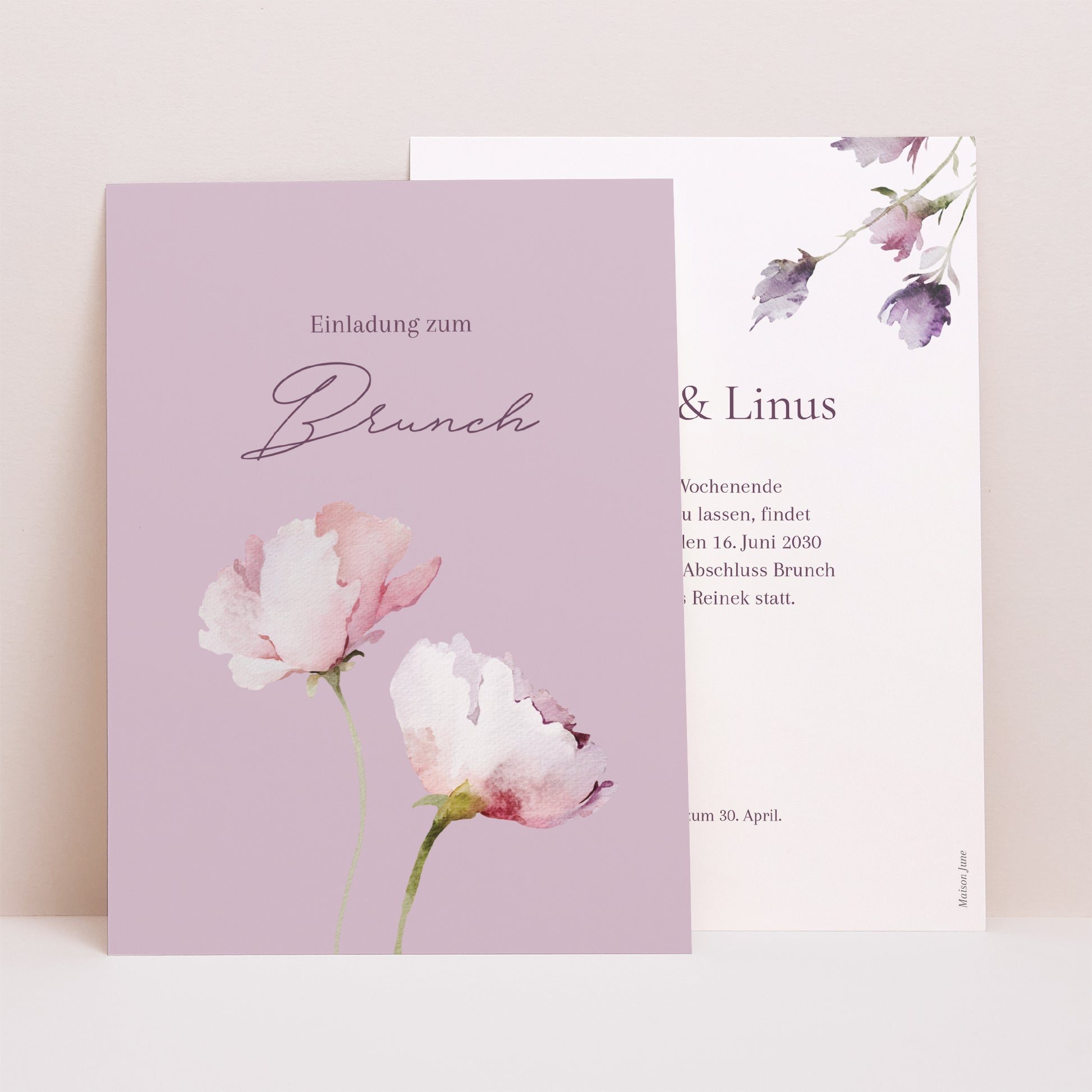 Einladungskarte Hochzeit Porträt Romantic purple flowers foto N° 1