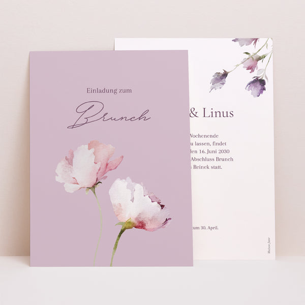Einladungskarte Hochzeit Porträt Romantic purple flowers foto