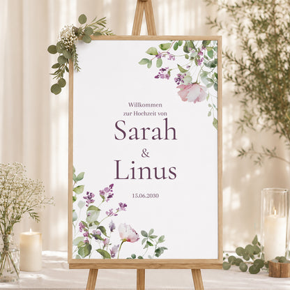 Begrüßungstafel Hochzeit Porträt 60 x 90 cm Romantic purple flowers foto N° 1