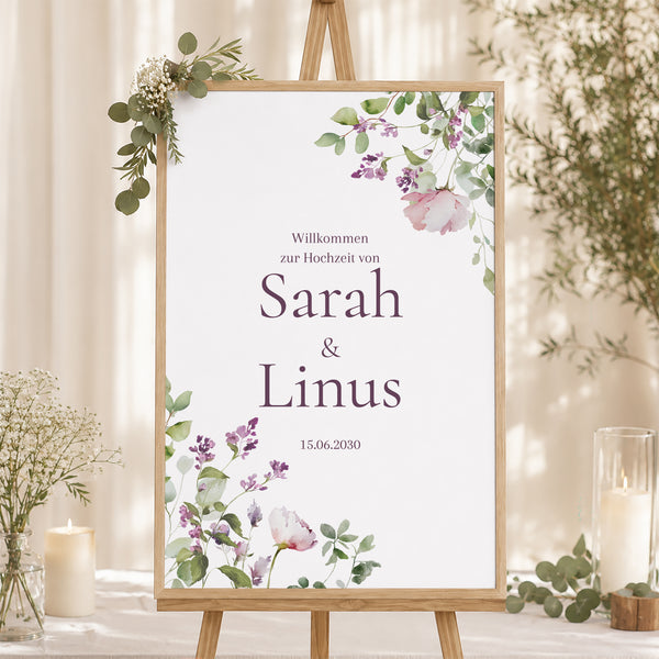 Begrüßungstafel Hochzeit Porträt 60 x 90 cm Romantic purple flowers foto
