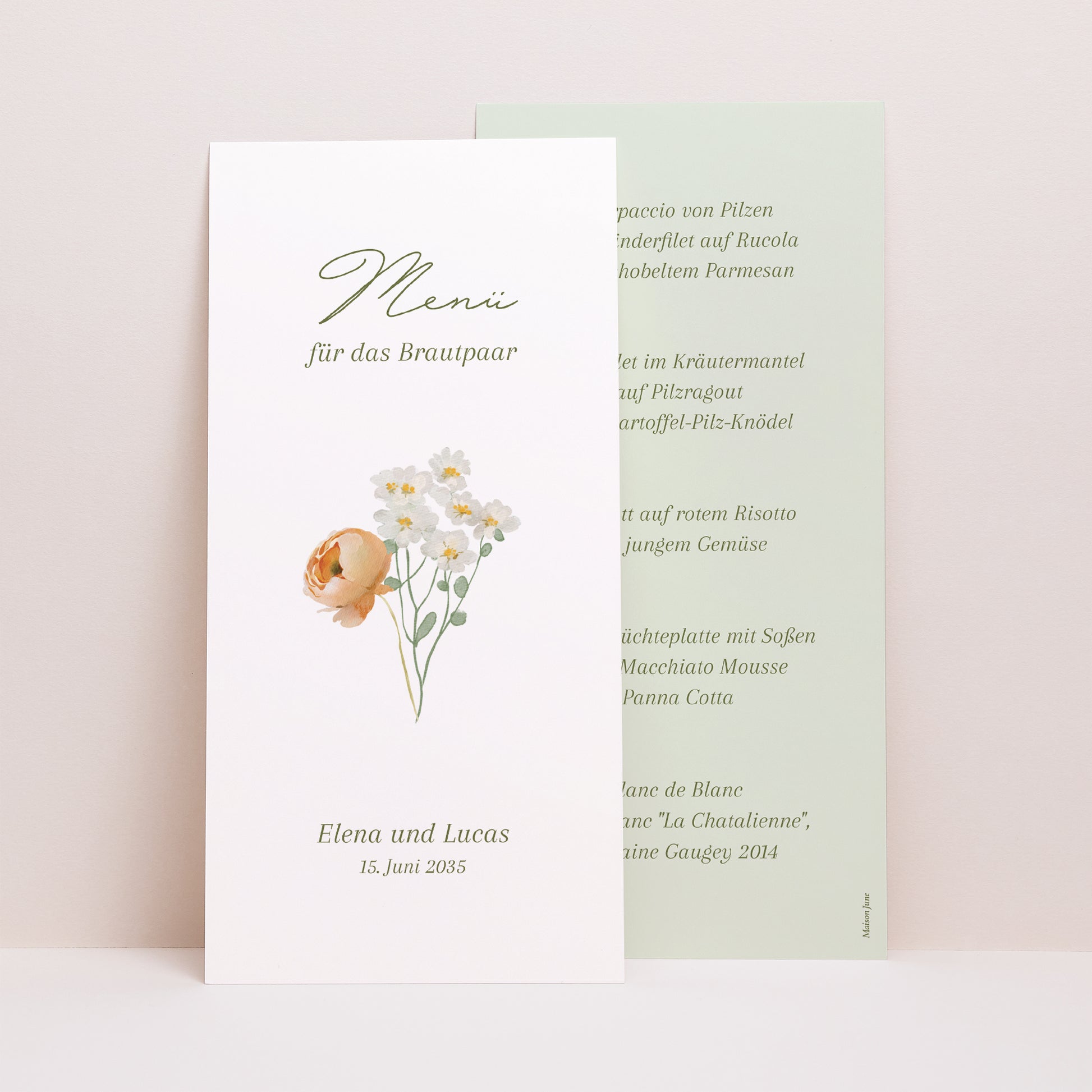 Menükarte Hochzeit Panoramatisches Porträt Romantischer Blumenkranz foto N° 1
