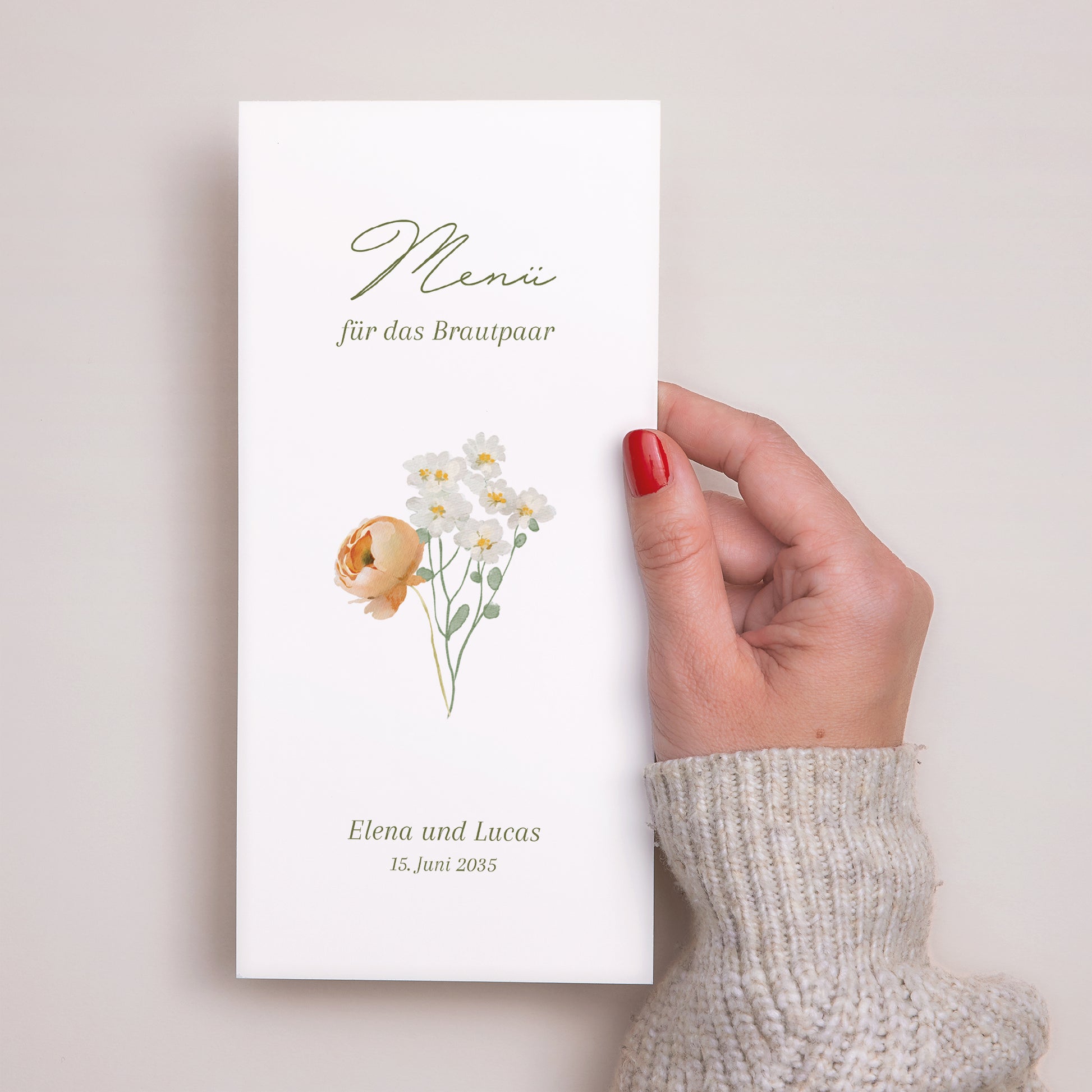 Menükarte Hochzeit Panoramatisches Porträt Romantischer Blumenkranz foto N° 2