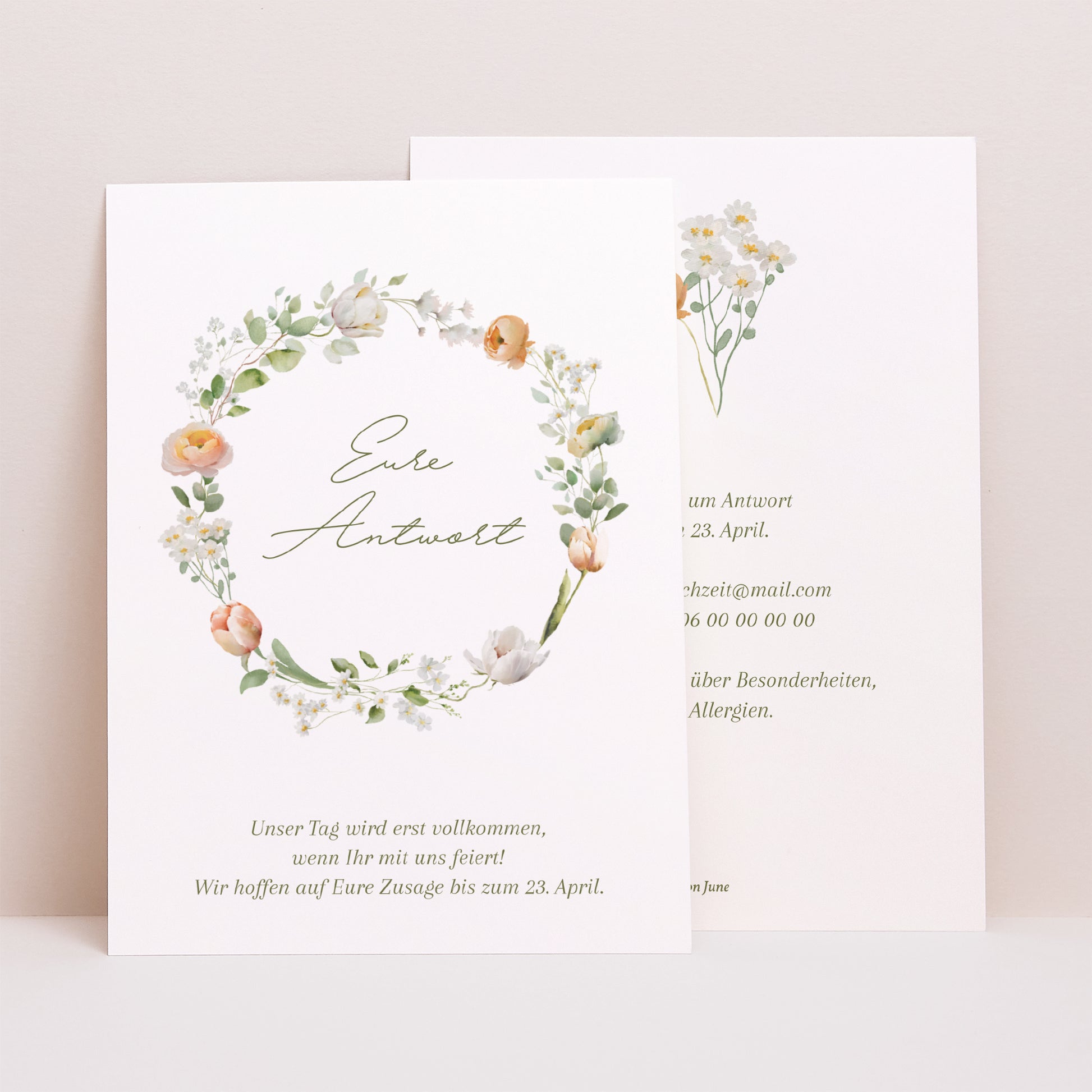 Antwortkarte Hochzeit Porträt Romantischer Blumenkranz foto N° 1