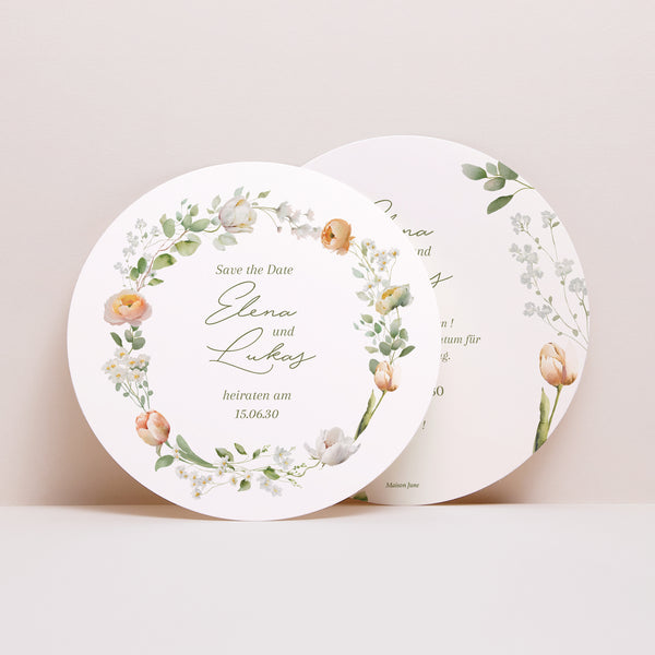 Save the date Karte Hochzeit Rund Romantischer Blumenkranz foto
