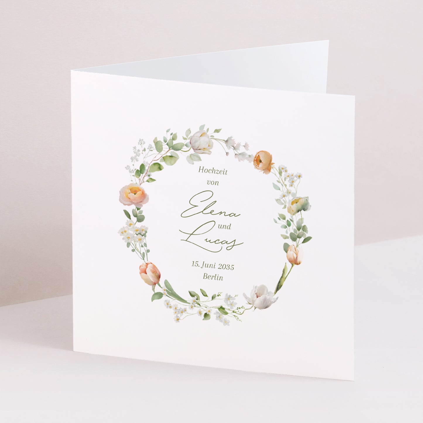 Hochzeitseinladung Doppelflügelfenster Romantischer Blumenkranz foto N° 1