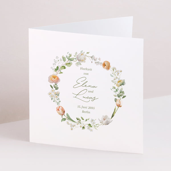 Hochzeitseinladung Doppelflügelfenster Romantischer Blumenkranz foto