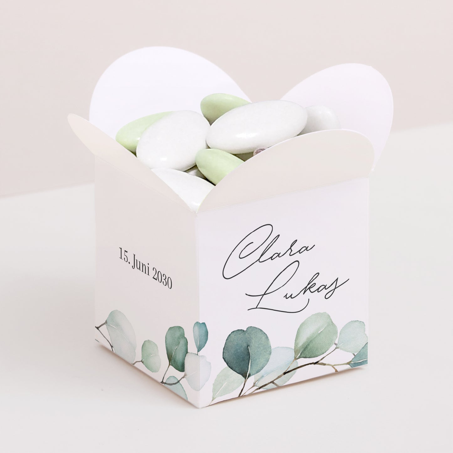Geschenkbox Hochzeit Schmetterlingsöffnung Eukalyptusblätter foto N° 1