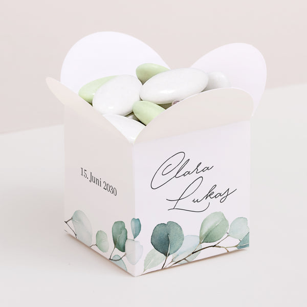 Geschenkbox Hochzeit Schmetterlingsöffnung Eukalyptusblätter foto