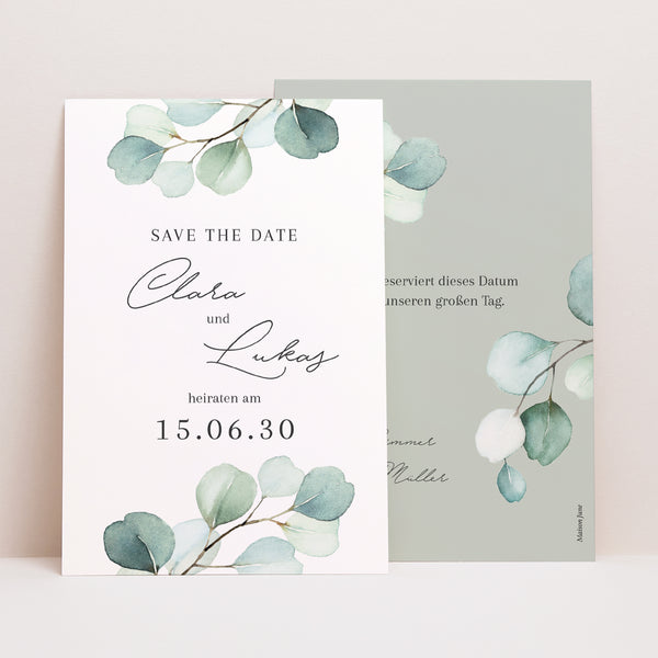 Save the date Karte Hochzeit PortraitPorträt Eukalyptusblätter foto